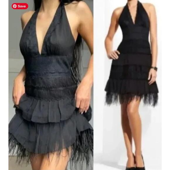 Vintage BCBG Feather Trim Halter Dress | Size 8 | Black Cocktail Party Dress - Picture 1 of 5